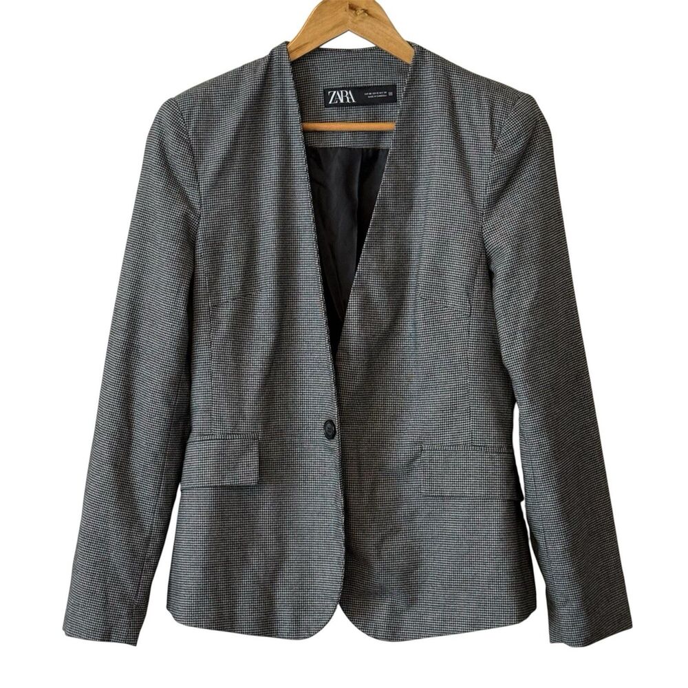 Zara Women’s Houndstooth Blazer Size 6 Gray Black Tailored Career Jacket